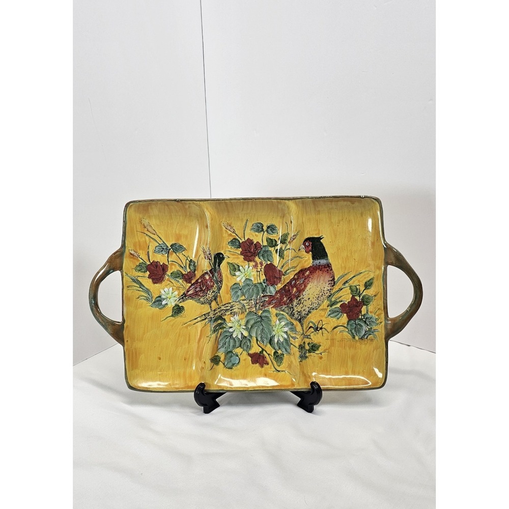 Vintage Pheasant Divided Serving Tray Yellow Ceramic Handled Country Decor 15x9